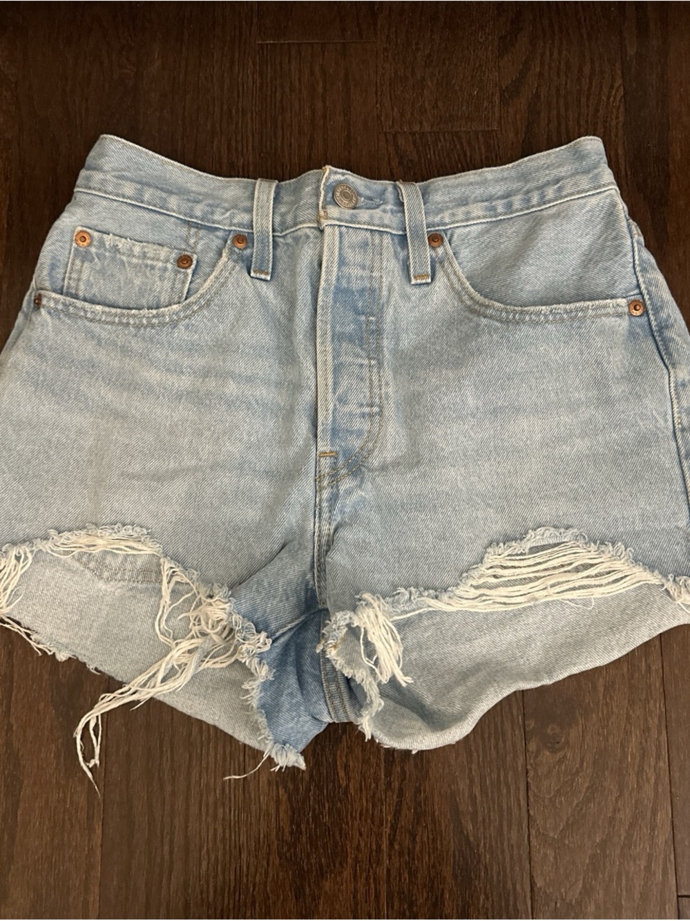 Levi's 501 Light Blue Distressed High-Rise Denim Shorts
